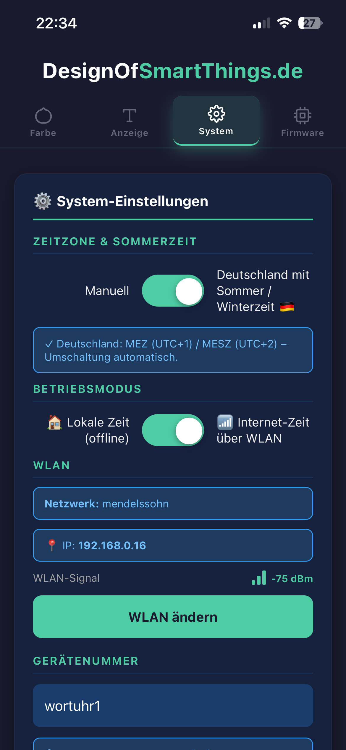 Wortuhr App - Systemeinstellungen